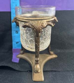 Small Brass Ram Head Candle Holder with Crackled Glass Votive Vintage